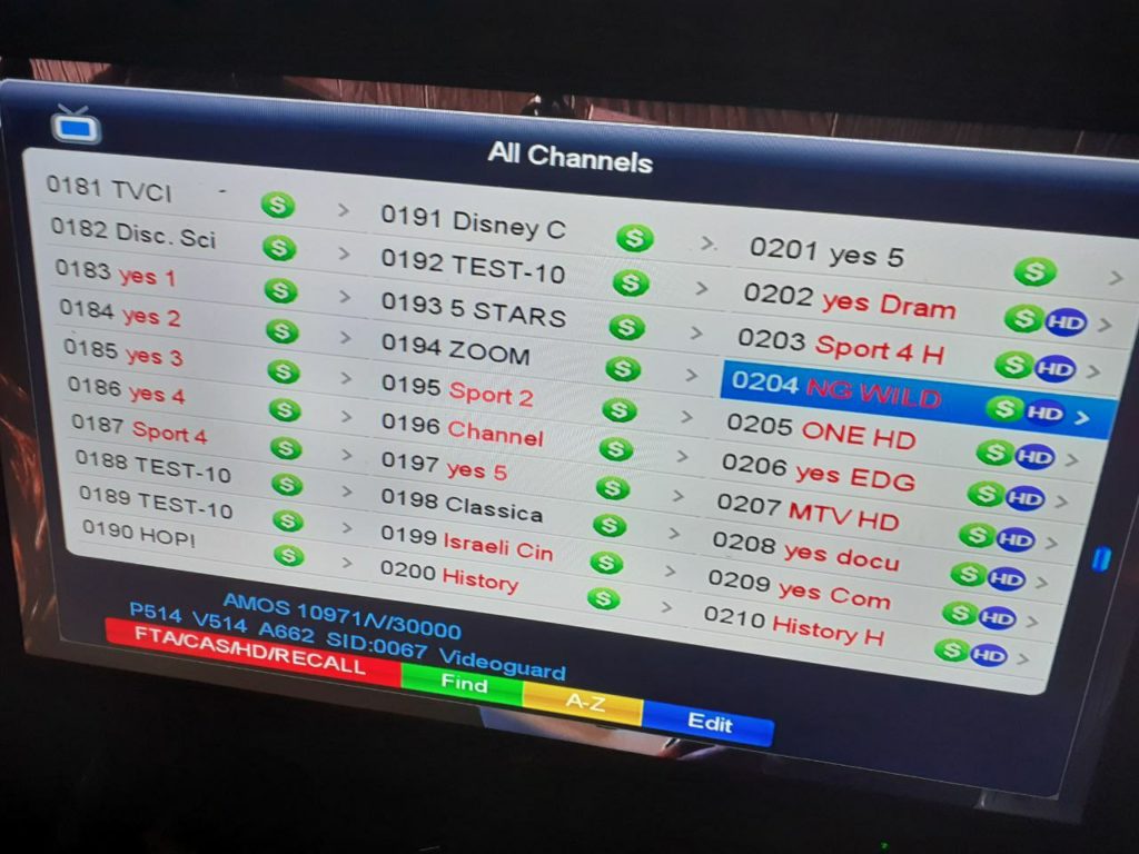 Yes tv Israel Package Frequency On Amos 3/7 4w